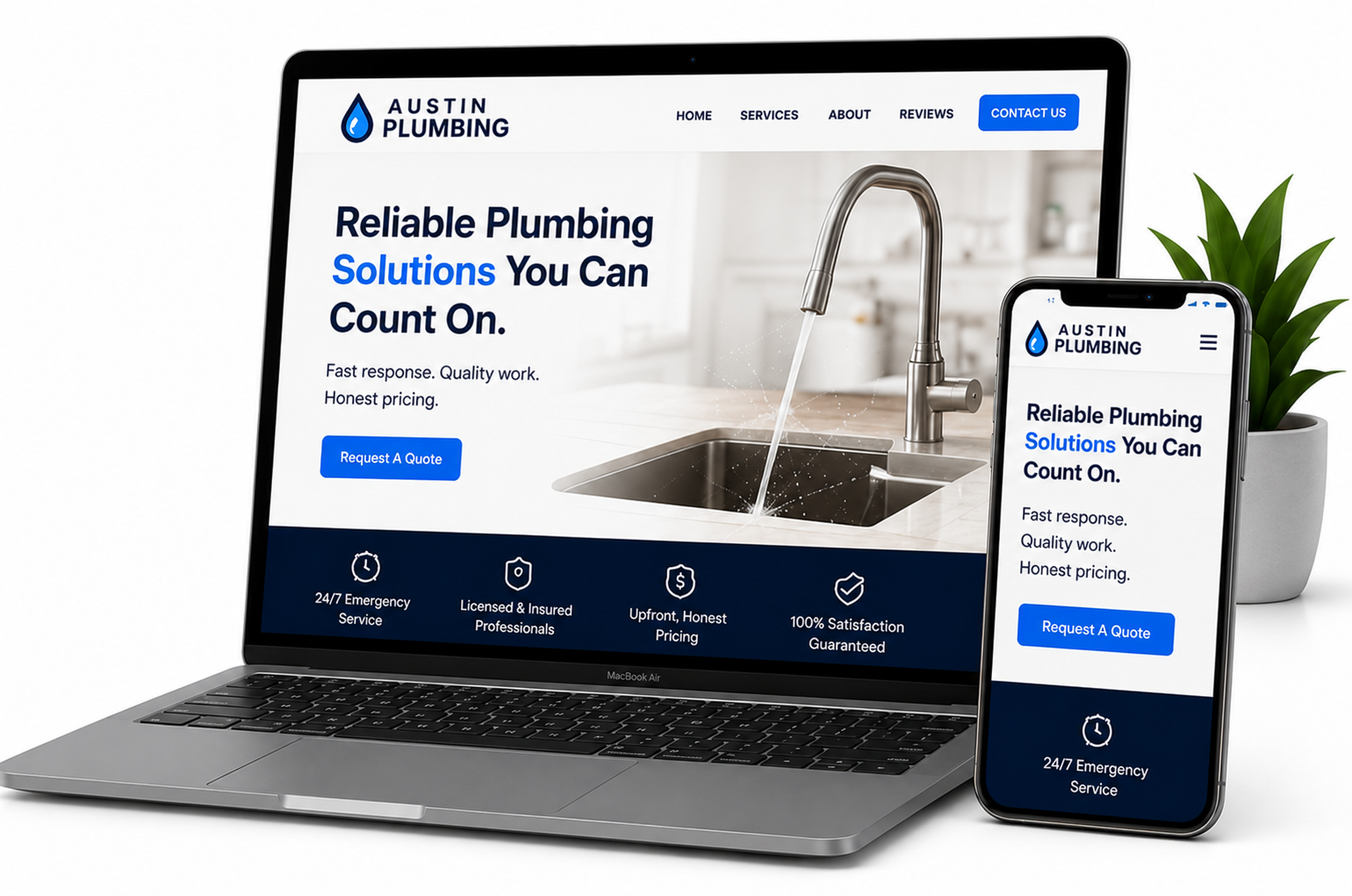 Example custom plumbing company website displayed on a laptop and mobile phone