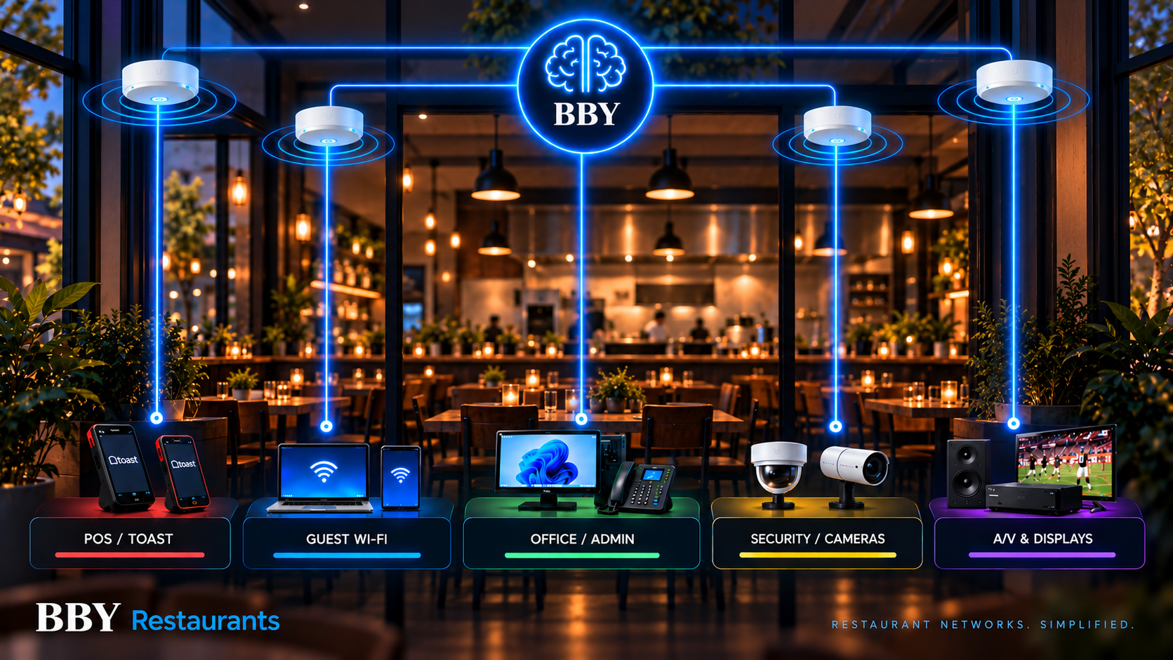 BBY Restaurants network overview showing POS and Toast, guest Wi-Fi, office and admin, security cameras, and AV and displays