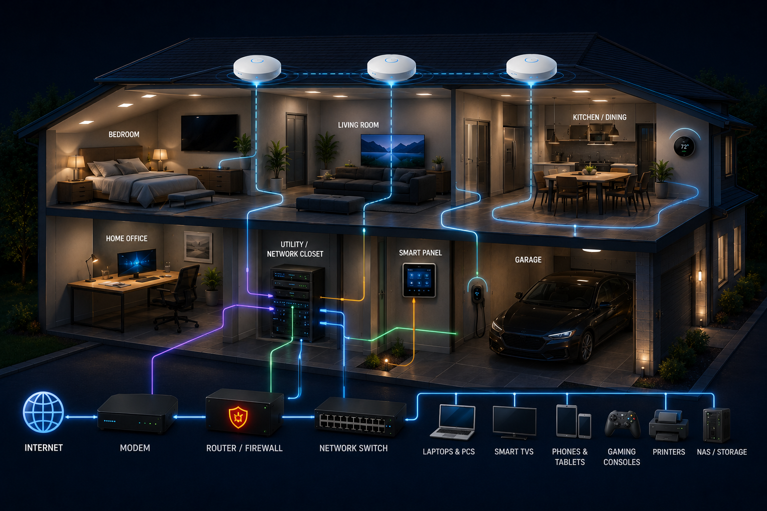 Intelligent home network with whole-home Wi-Fi and connected devices